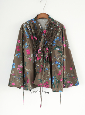 花边领压褶花卉印花衬衫纯棉女士上衣繁花褶皱开叉衬衫