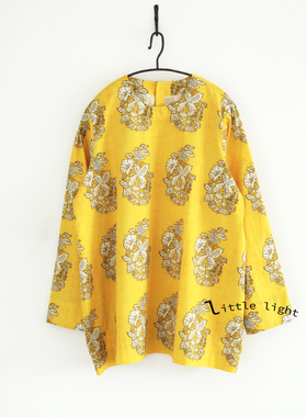 日系手工印花纯棉圆领衬衫印度拓印棉上衣