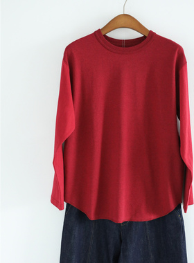 背面风插肩袖撞色卷边长袖红色T恤 休闲女士长袖上衣