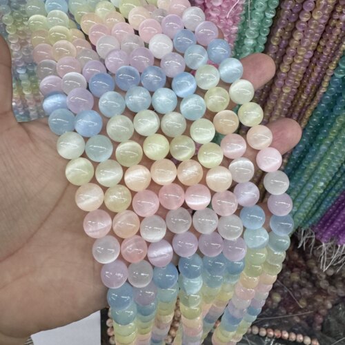 天然猫眼石膏石马卡龙色系渐变色圆珠散珠半成品DIY项链手链配珠