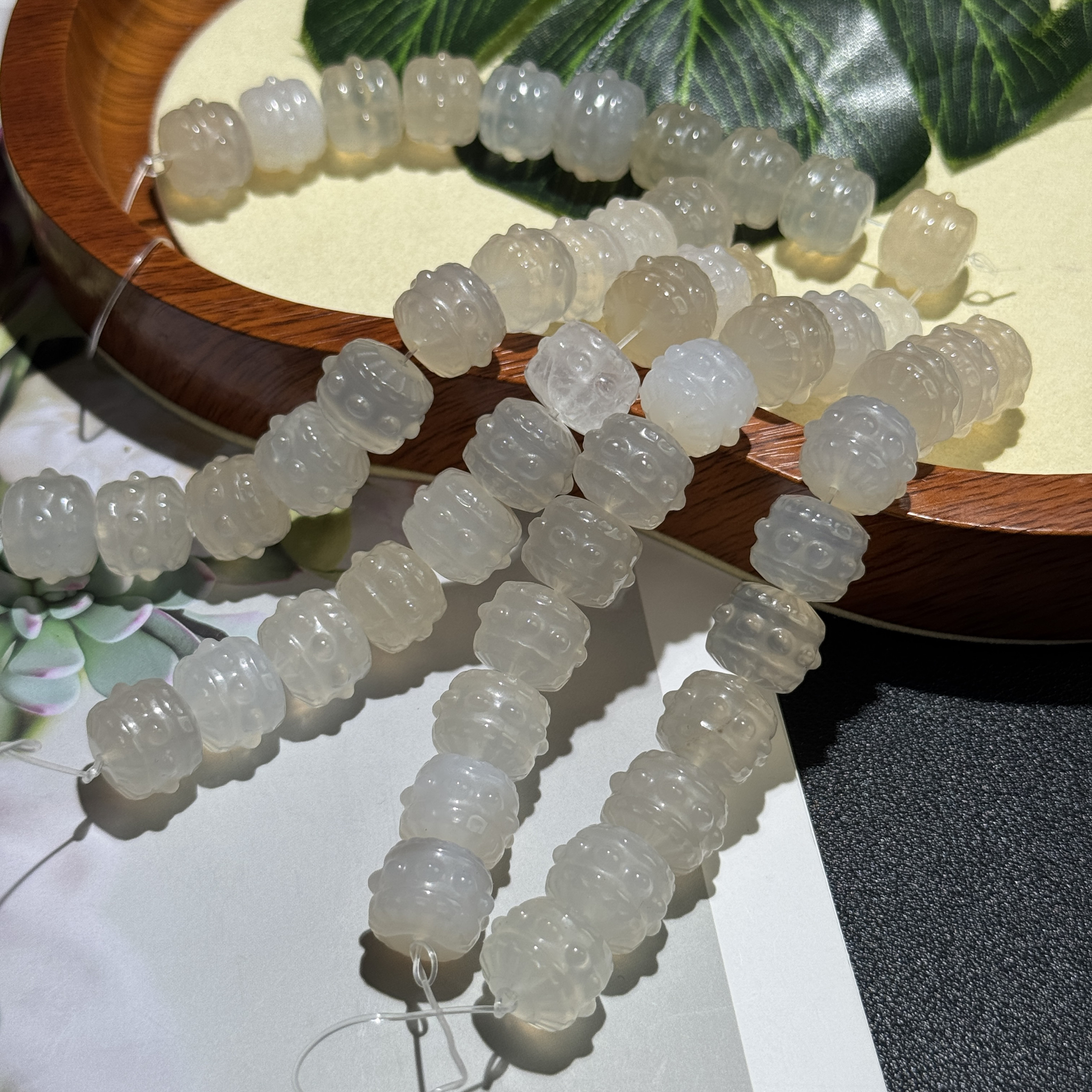 2颗装/约15*11mm天然白玛瑙雕刻鼓珠Diy手链项链配饰