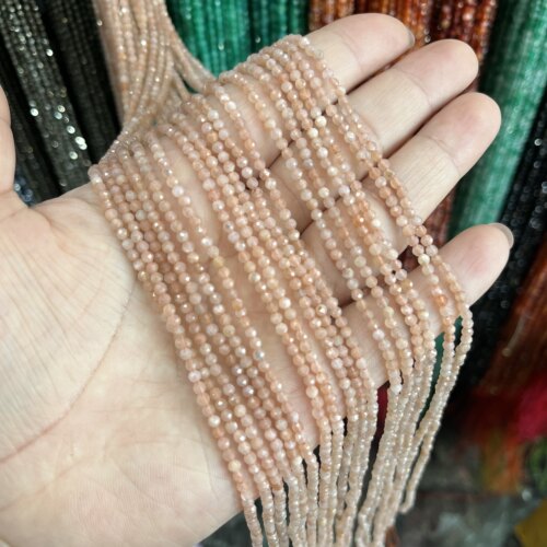 2mm天然太阳石刻面切面圆珠半成品散珠38厘米长锁骨链手链配件
