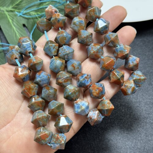 天然石棱角分明唐八棱飞碟珠约14*12mm玛瑙撞色龙纹蓝橘玛瑙15颗