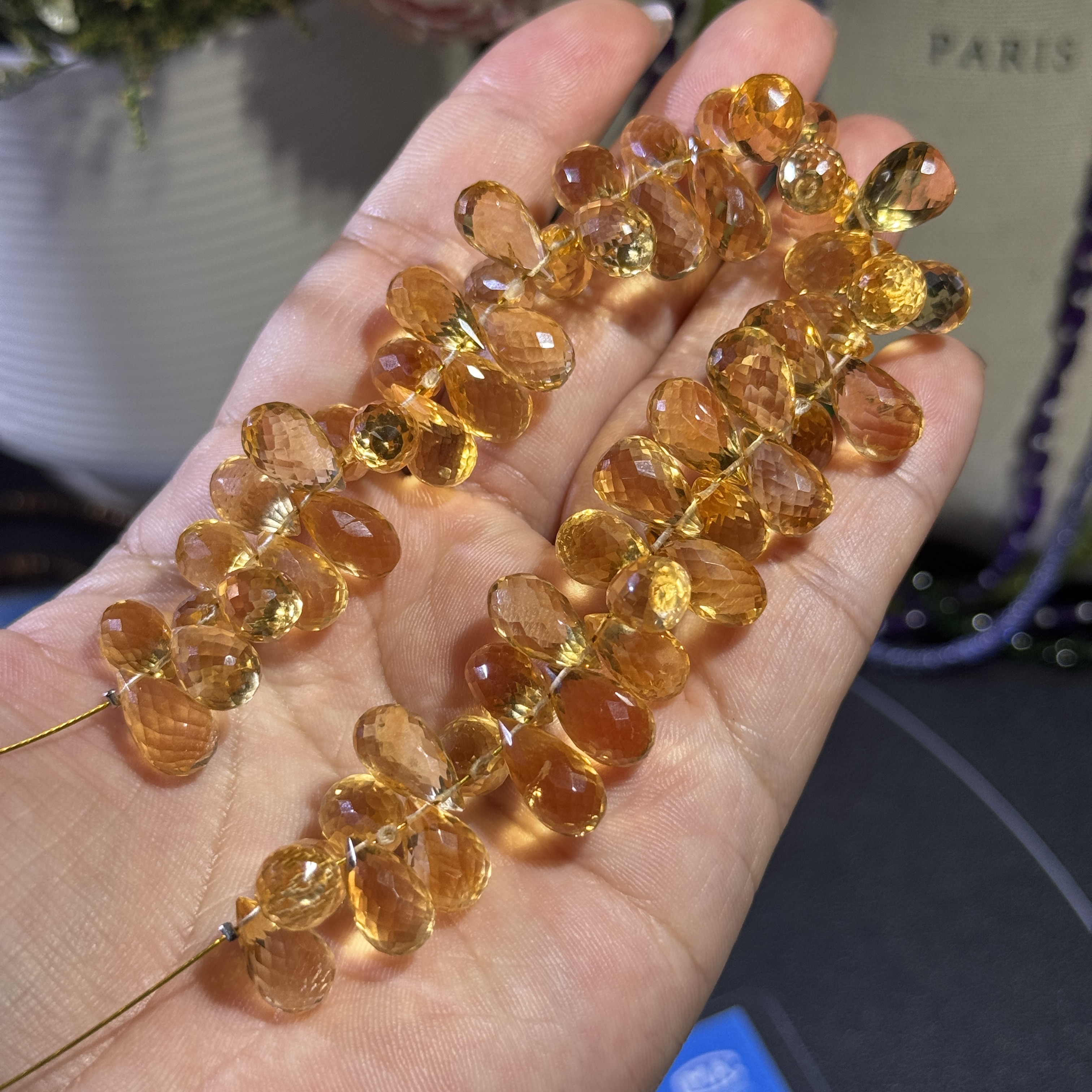 纯天然高品质暴力黄水晶水滴约7.7*12mm半成品20cm长/59颗/带证书