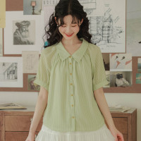 小清新甜美綠色寬松條紋短袖襯衫