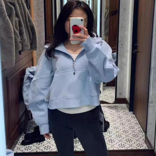 2025新款lu家半拉链烟囱立领连帽卫衣女瑜伽服加绒运动短款外套