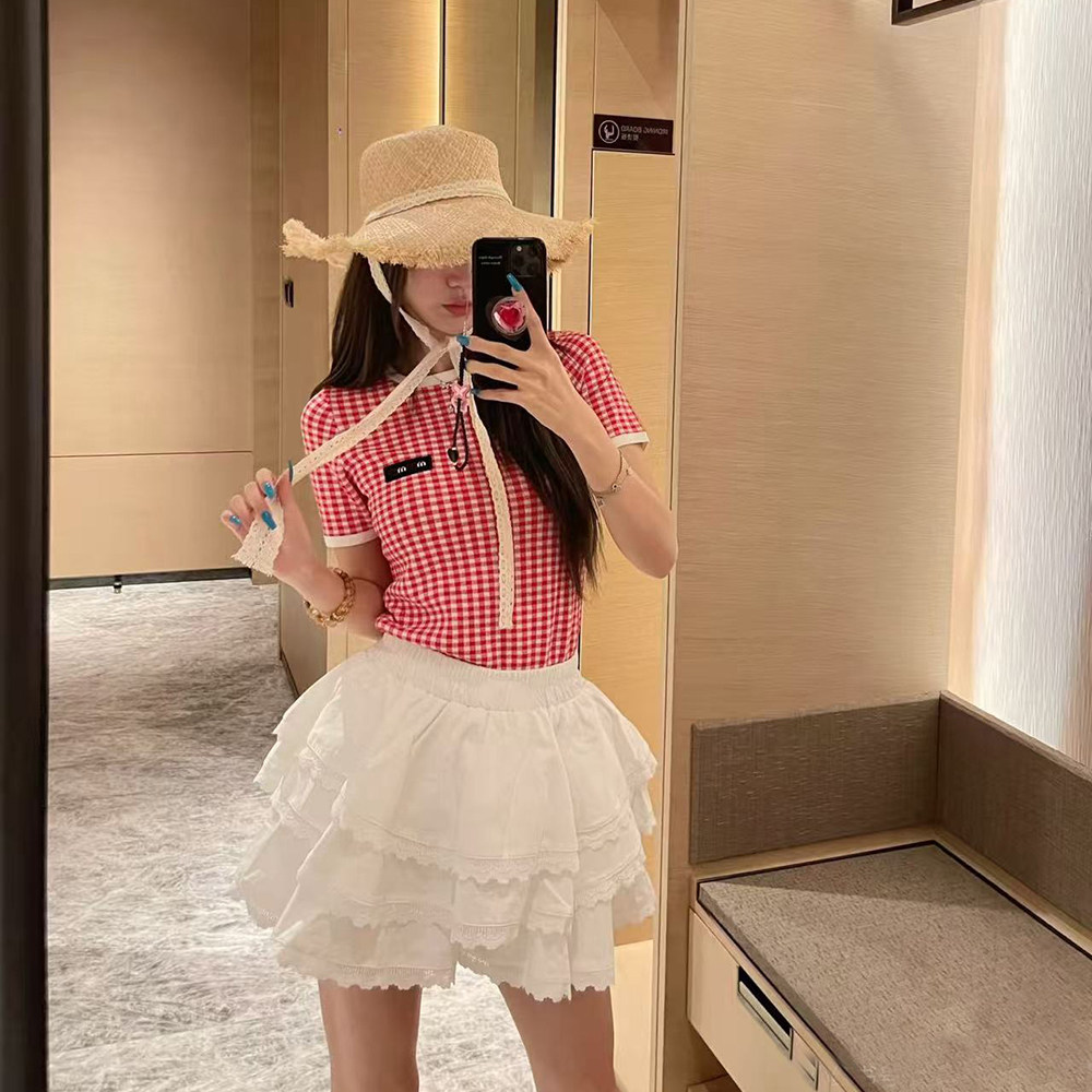 欧货2026新款miu系穿搭红白格子撞色松弛感T恤女夏显瘦修身上衣