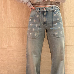 潮牌2026春季新款亮片字母水洗蓝色牛仔裤女宽松欧洲站阔腿裤子