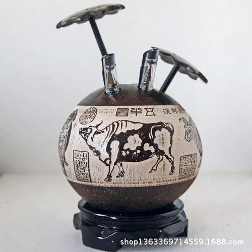海南椰壳五牛图笔筒植物工艺礼品