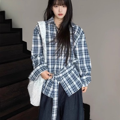 【现货】复古蓝色格纹衬衫女春季休闲绑带收腰长袖上衣格子衬衣