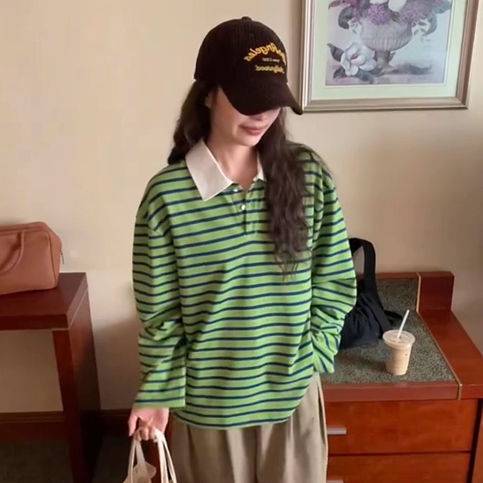 【现货】Miu系 慵懒条纹翻领polo衫复古美式拼接休闲长袖上衣