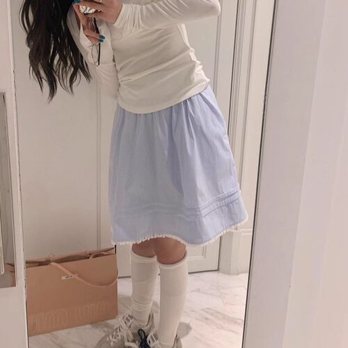 【现货】巴黎课间bm风清爽显瘦蓝条纹裤短裙