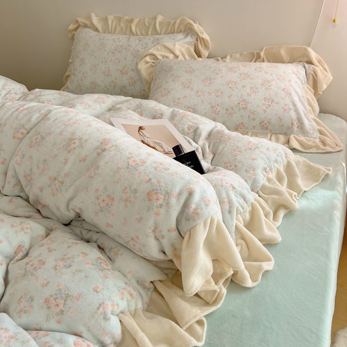 荷叶边牛奶绒四件套保暖