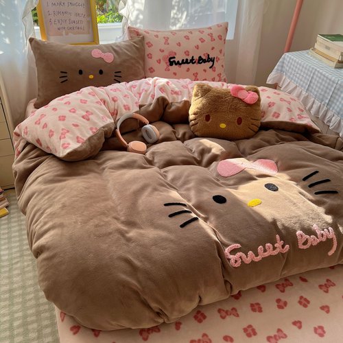 可爱猫咪牛奶绒四件套毛巾绣