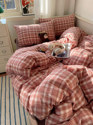 四件套百分百全棉简约格子日式