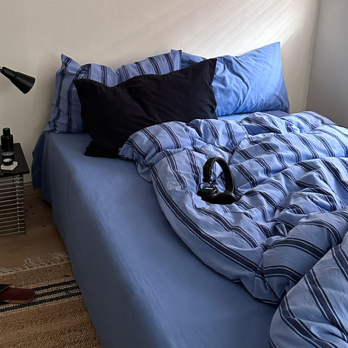 午夜蓝条纯棉水洗棉四件套