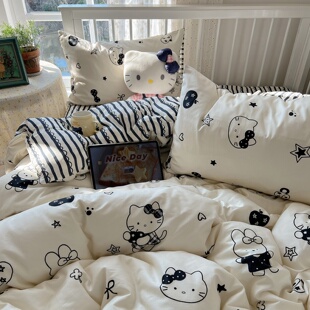 黑白小猫～ins全棉四件套可爱卡通40s纯棉床单被套学生宿舍三件套