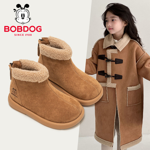 巴布豆真皮女童棉鞋儿童马丁靴短靴雪地靴2025秋冬季加绒加厚靴子