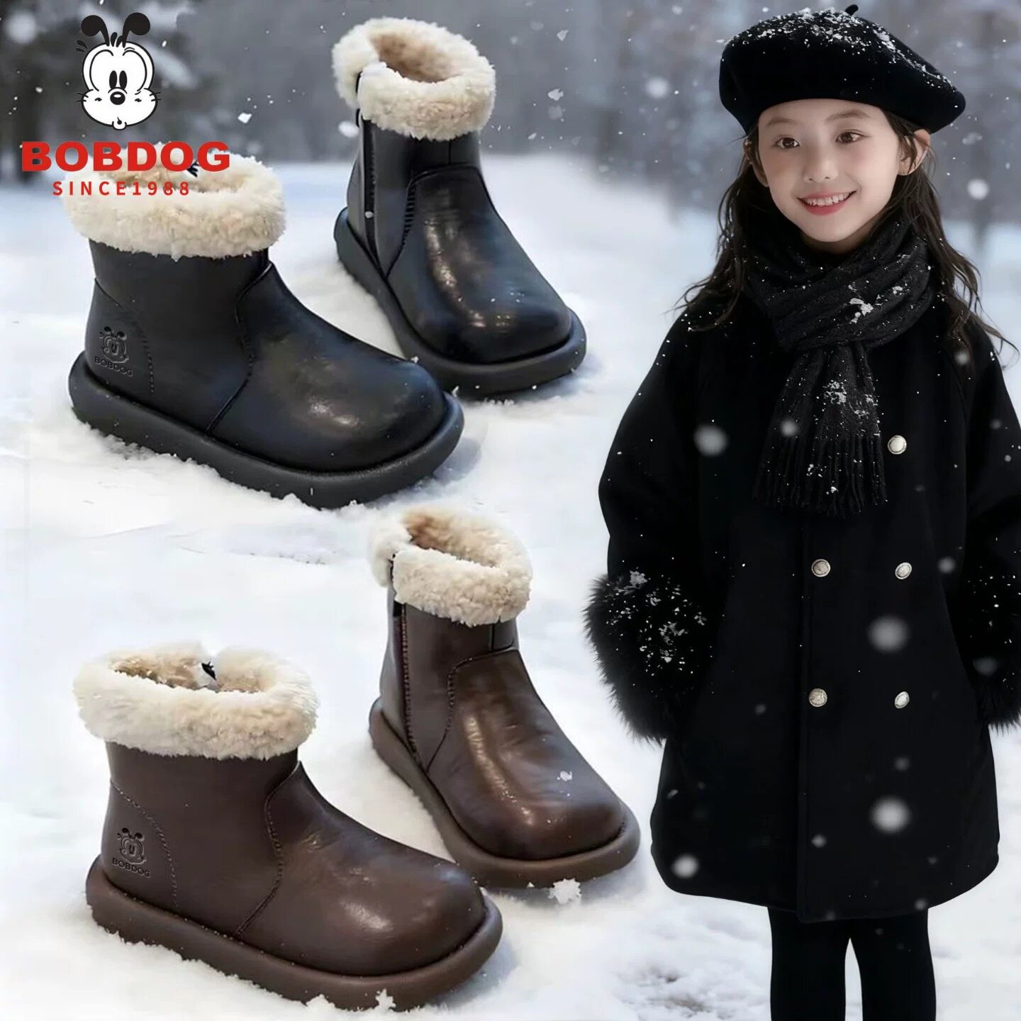 巴布豆真皮儿童雪地靴保暖棉靴子