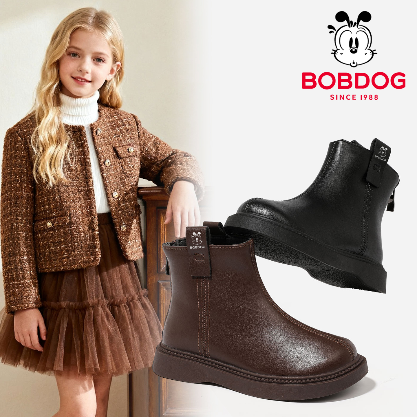 巴布豆真皮女童短靴儿童加绒棉鞋