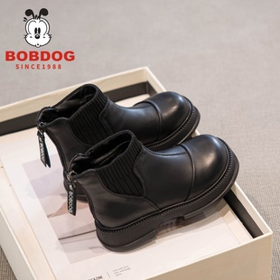 巴布豆真皮女童短靴2025新款秋冬季加绒加厚儿童马丁靴软底棉靴子