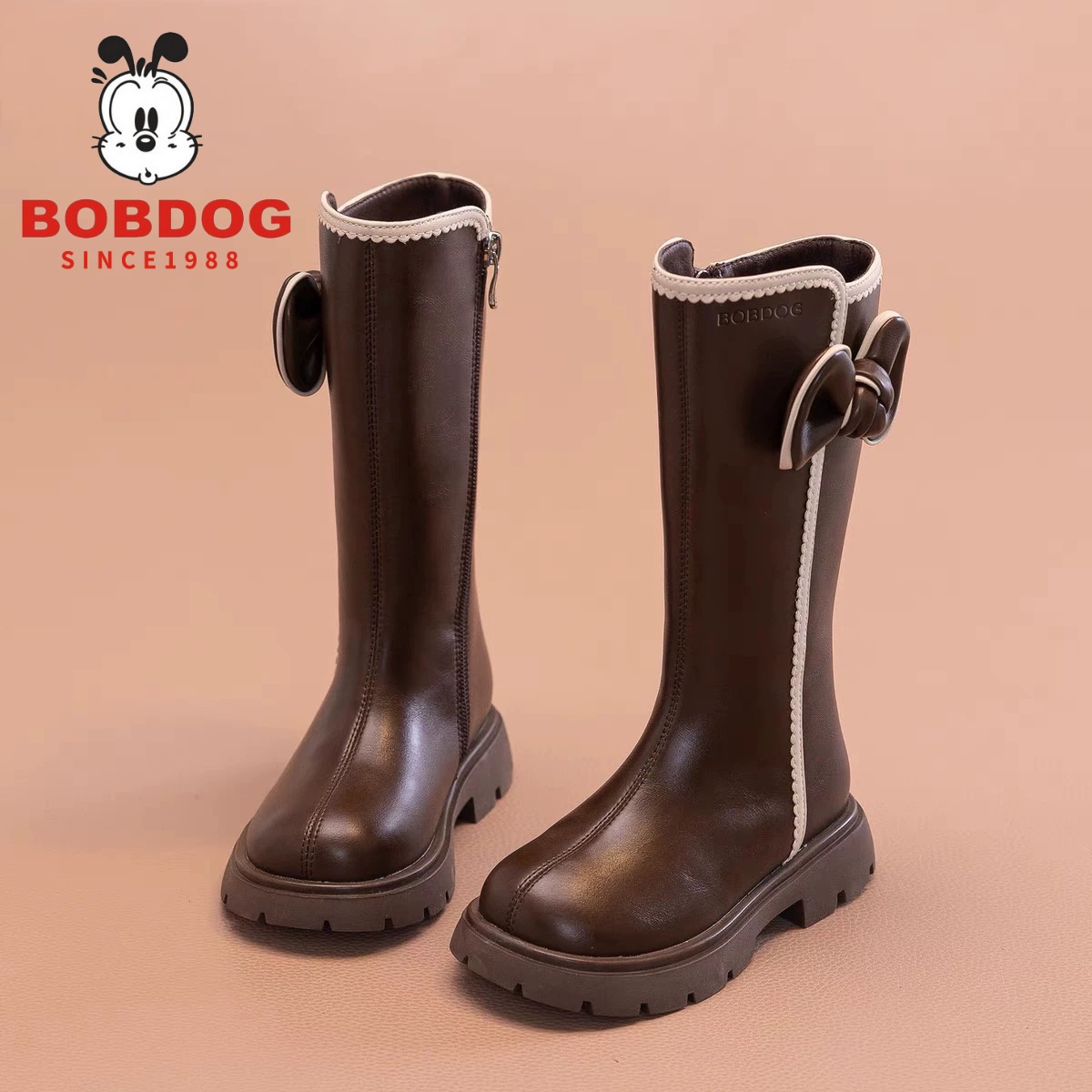 巴布豆真皮靴子加绒女童长筒靴