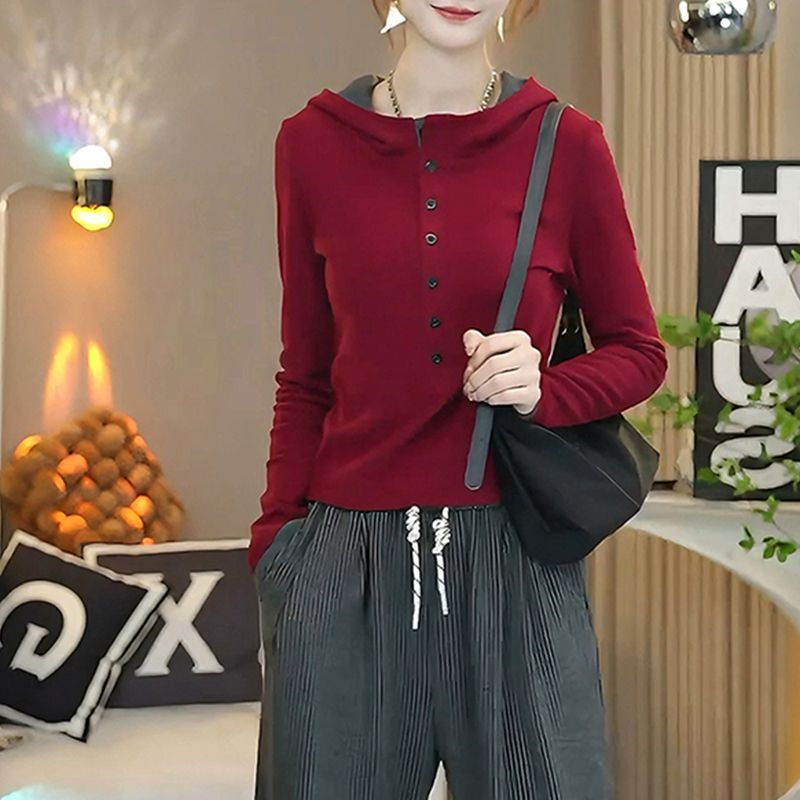 韩版撞色连帽半开领上衣女秋冬季