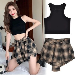 宽松百搭显瘦辣妹短背心上衣格子短裤 新款 子两件套 女夏季 性感套装
