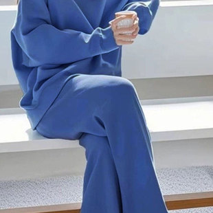 2026春秋新款 休闲卫衣套装 女气质蓝色圆领上衣阔腿裤 子两件套 韩版