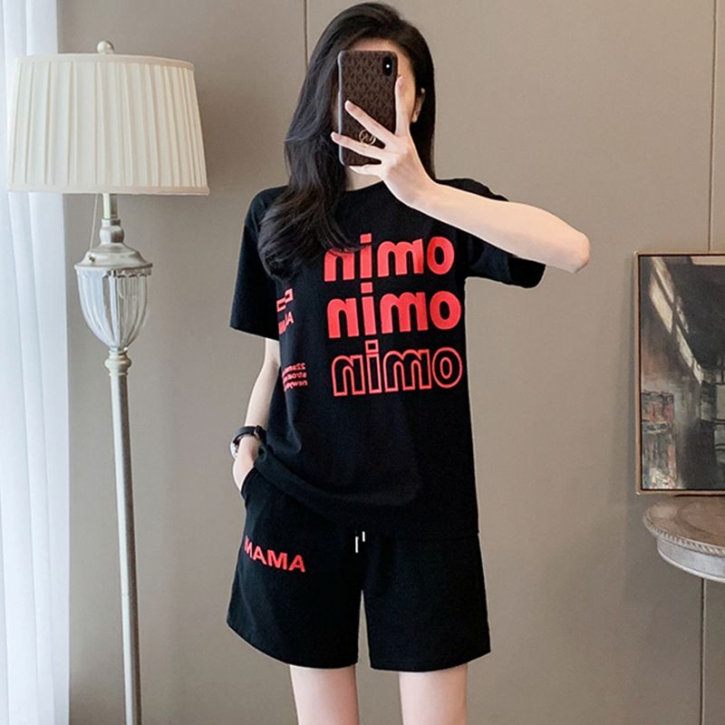 欧货短袖运动套装女2025夏季字母宽松显瘦跑步健身服短裤两件套潮