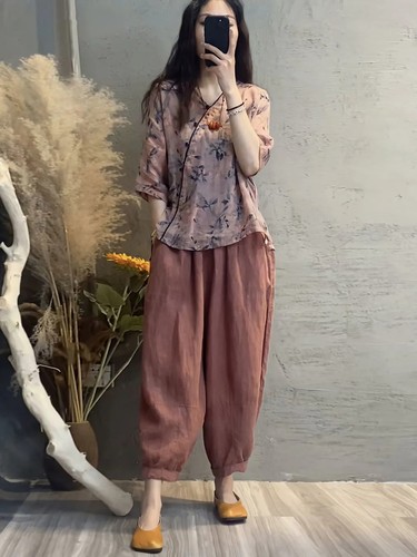 上衣遮肚民族风哈伦裤显瘦两件套