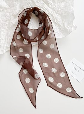 【真丝乔其纱咖色波点】100%桑蚕丝薄款斜角飘带丝巾配衬衫领巾女