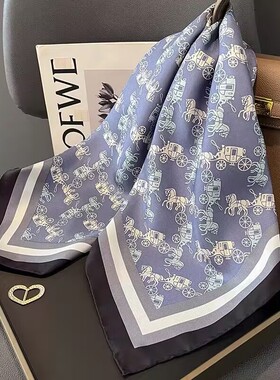 【真丝斜纹手工卷边】轻奢马车65cm绸砂洗中方巾高级桑蚕丝丝巾女