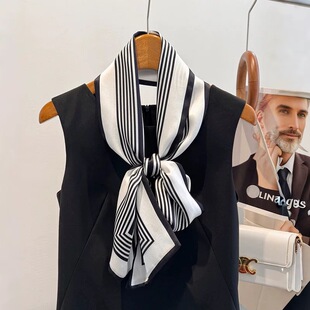 小长条黑白真丝长条丝巾女春秋夏季搭配西装衬衫装饰飘带领带