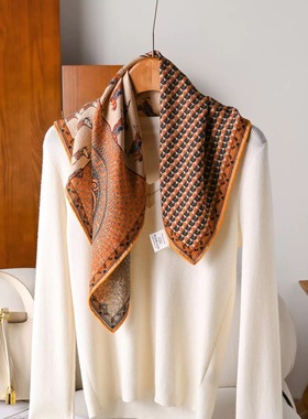 法式小马图腾橙色真丝羊毛围巾多用65方巾领巾高档送礼妈妈丝巾