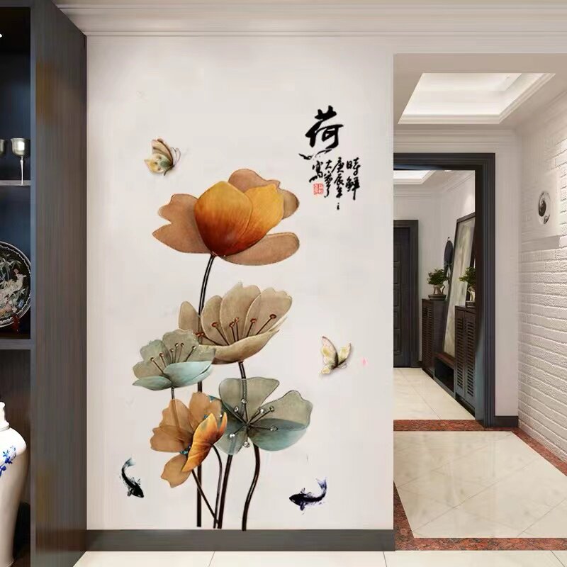 中国风荷花贴纸墙贴自粘墙壁贴画客厅电视背景墙玄关墙面装饰墙纸