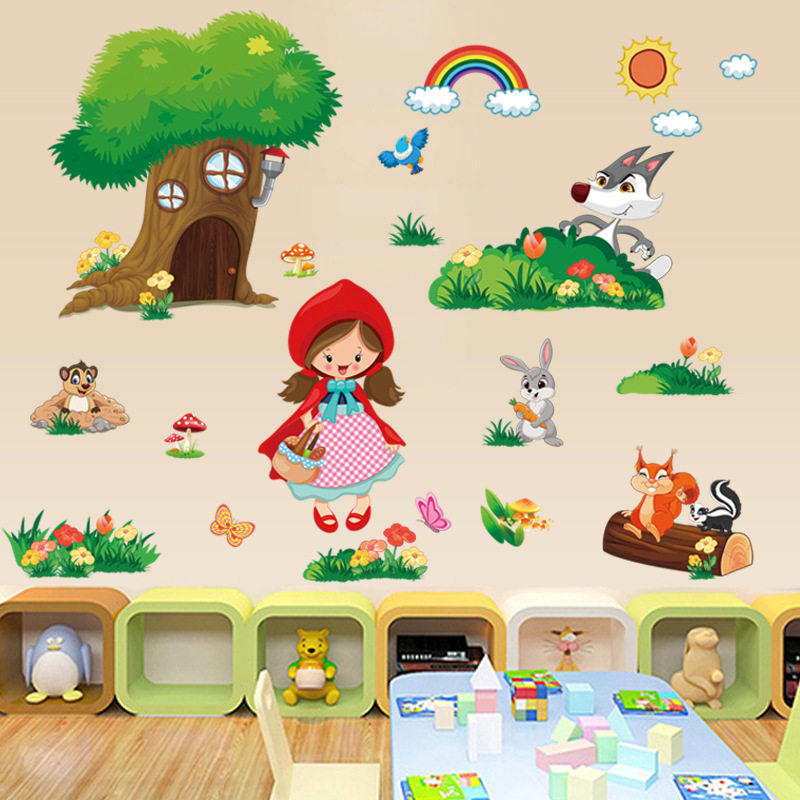 卡通小红帽墙贴纸儿童房间宝宝幼儿园教室墙面装饰布置自粘墙纸贴