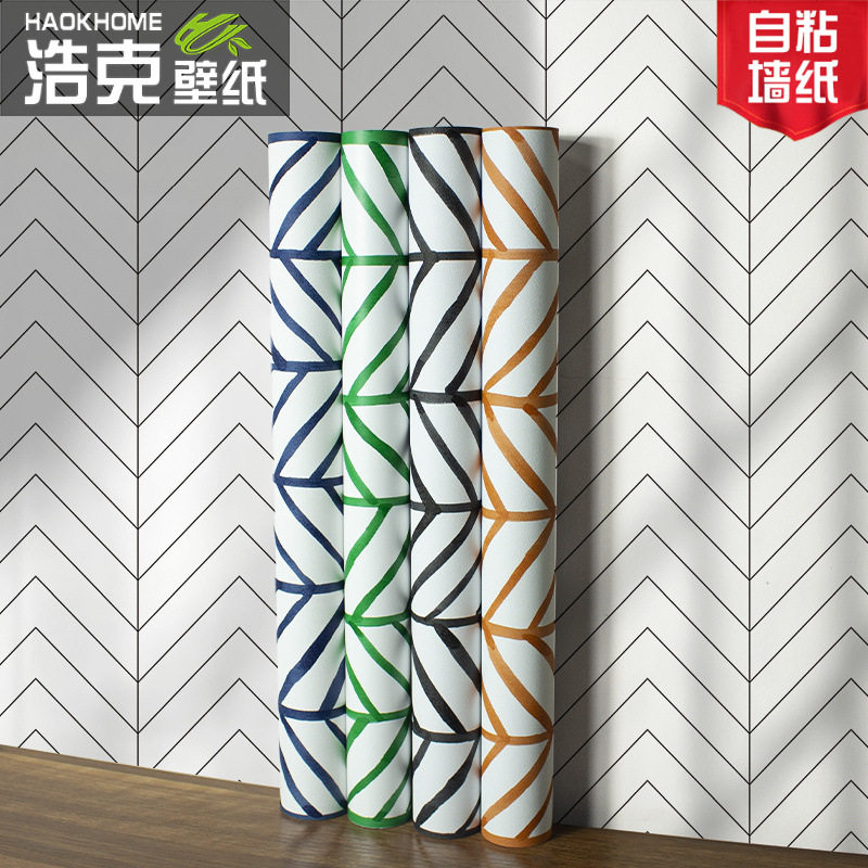 加厚北欧自粘墙纸个性手绘鱼骨线条几何纹客厅卧室玄关背景墙贴纸