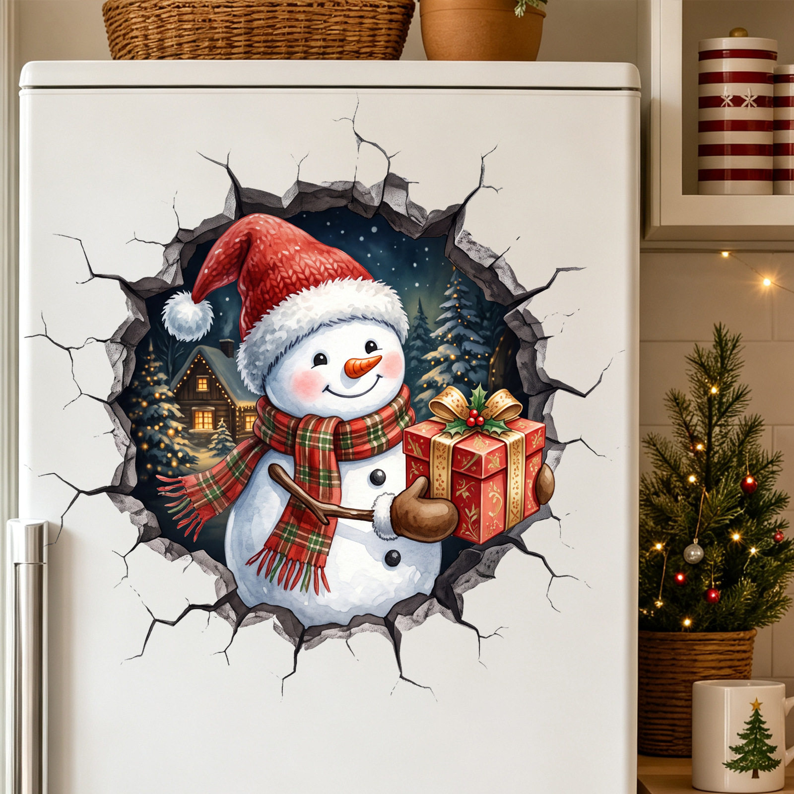 3D破墙圣诞雪人墙贴自粘冰箱门橱窗玻璃圣诞节创意卡通装饰贴纸