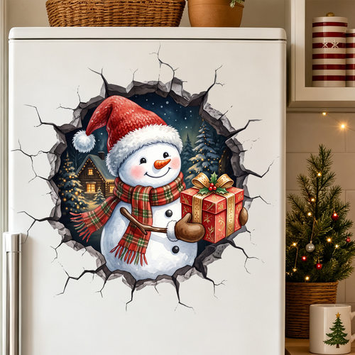 3D破墙圣诞雪人墙贴自粘冰箱门橱窗玻璃圣诞节创意卡通装饰贴纸