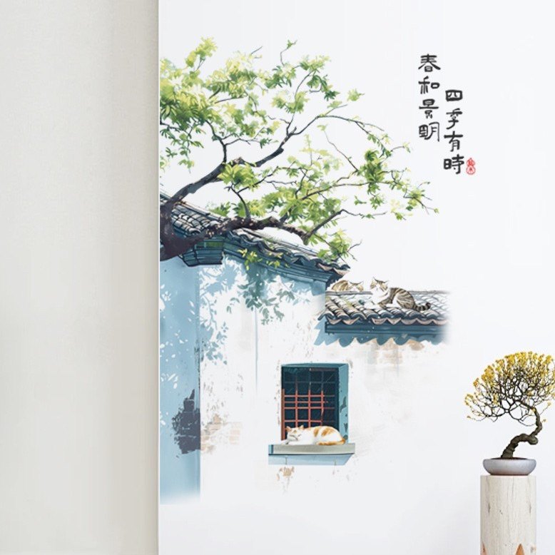 中国风墙壁贴纸客厅餐厅背景墙装饰中式古风风景壁画贴画自粘墙贴