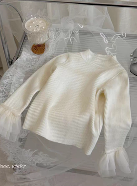 百搭女童打底衫～韩系修身打底保暖毛衣网纱花边亲肤儿童冬季上衣