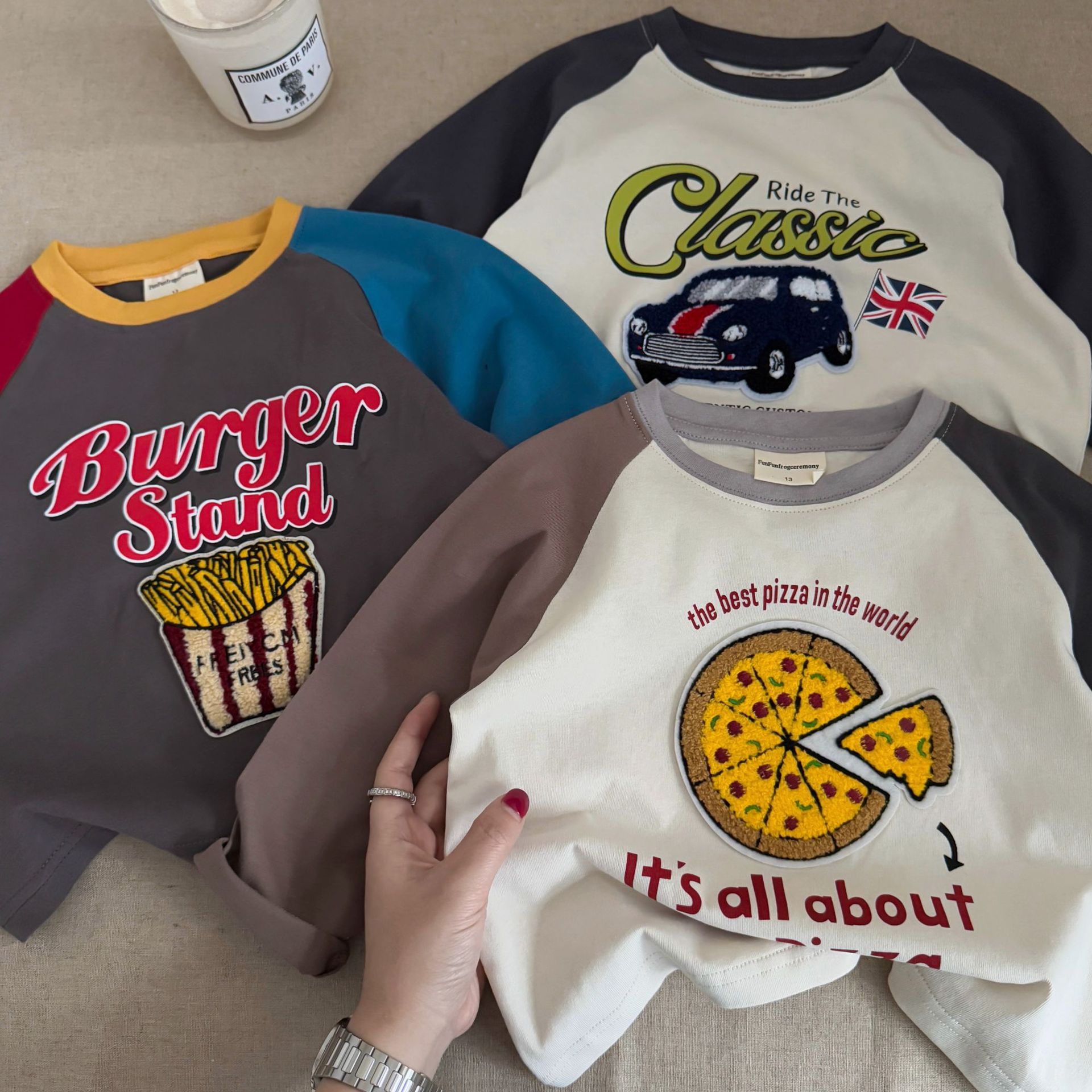 复古儿童T恤 25秋款男女童薯条汽车长袖打底衫宝宝插肩袖韩版上衣