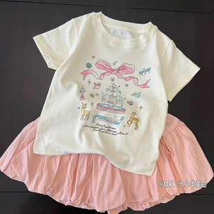 T恤蓬蓬裙套装 亲子款 女童粉色卡通刺绣甜美短袖 25夏季 韩系女童T袖
