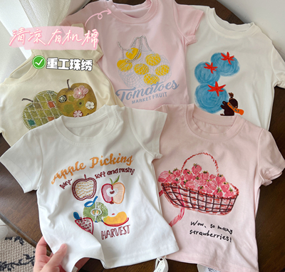 【立体珠绣有机棉】女童26夏季韩版可爱卡通刺绣上衣儿童短袖T恤