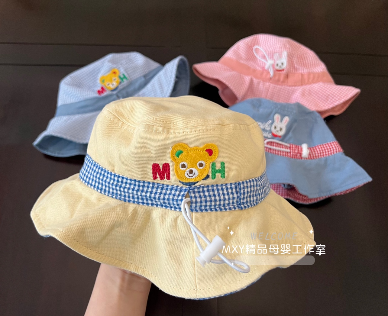 日系小熊渔夫帽 夏季防晒男女童春游防风遮阳纯棉盆帽宝宝帽子