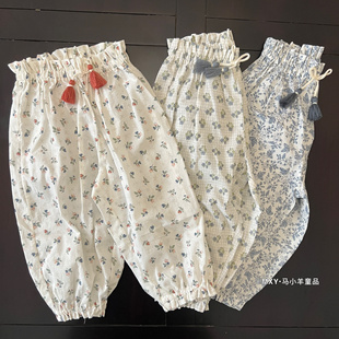 儿童防蚊裤童装 女童夏季裤子单层薄款纯棉花苞腰收脚裤 九分裤子