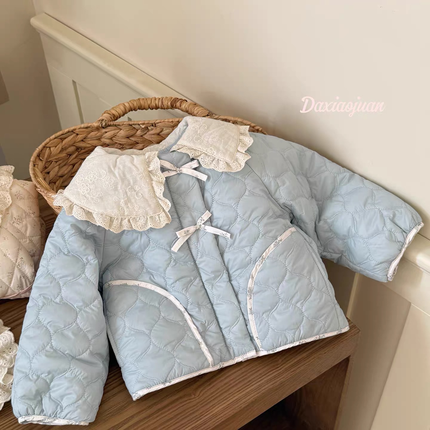 韩版海盐蓝女童菱形格夹棉外套