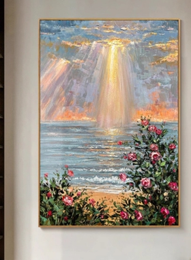 手绘油画北欧奶油风客厅沙发背景墙海景玫瑰花装饰画竖版玄关挂画