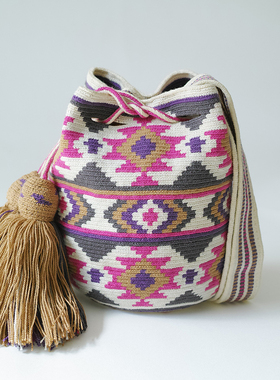 哥仑比亚WAYUU部落手工编织包瓦尤包单股小号白底玫粉灰土黄菱形